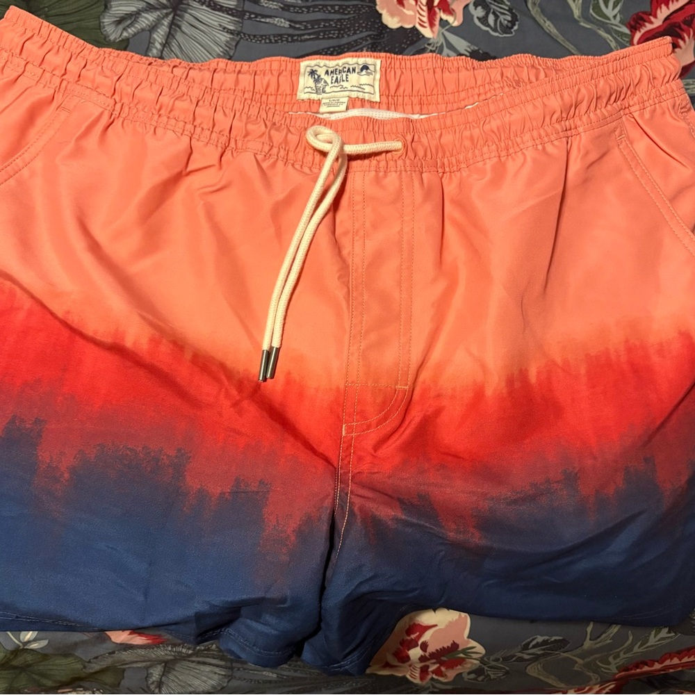 American Eagle Men's Orange and Blue Swim Shorts